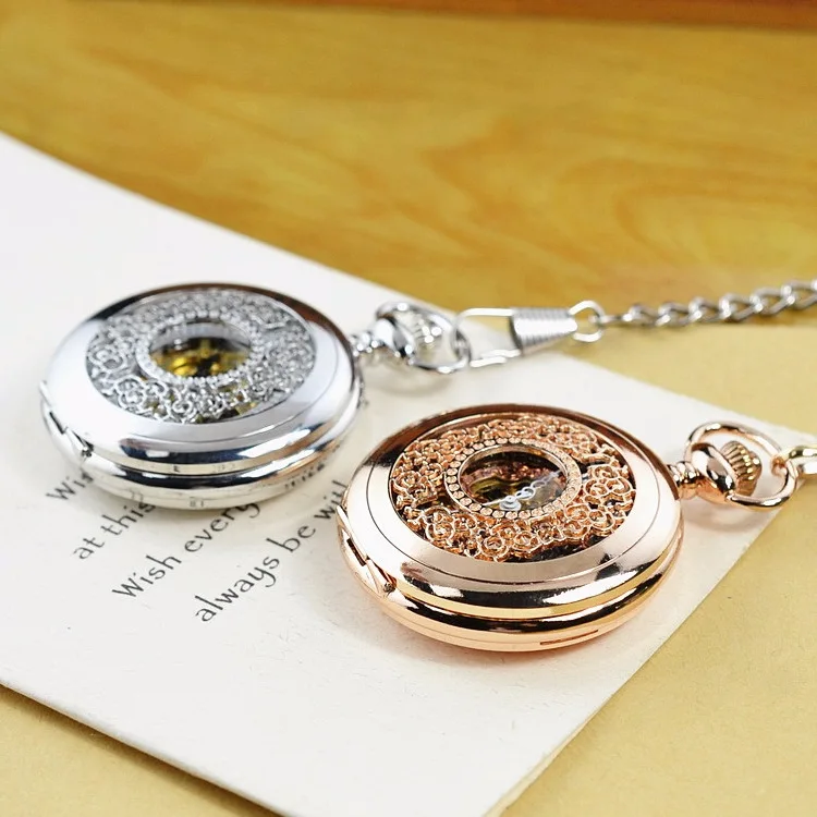 Luxury Mechanical Vintage Black Gold Flower Wave Pocket Watch for Men Women Skeleton Roman Numeral Dial Fob Chain Pendant Clock