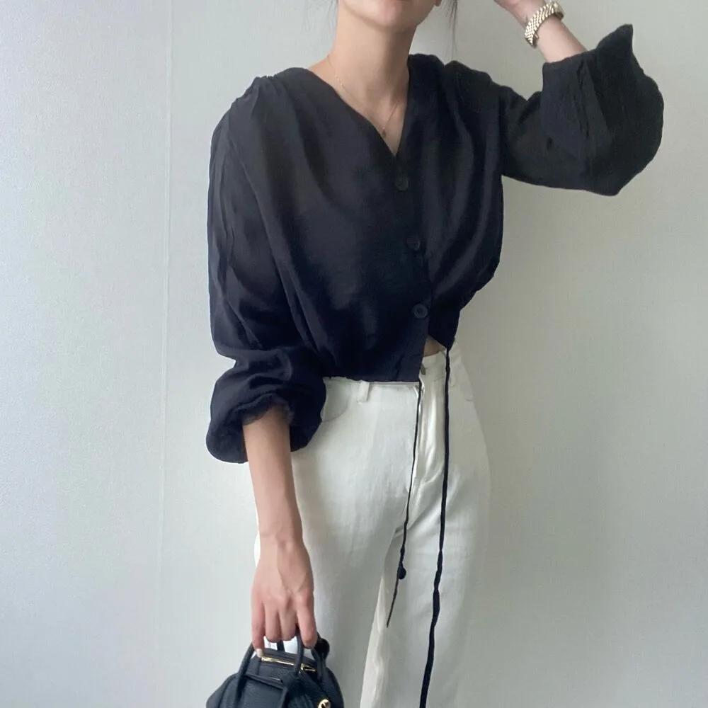 Повседневные рубашки с длинными рукавами на шнурке женская блузка v-образным