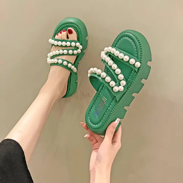 

Summer Pearl Slippers Women's Summer Shoes Fashion New Thick Bottom Soft Bottom Net Red Slippers Slide Outdoor 35-40 Middle Heel