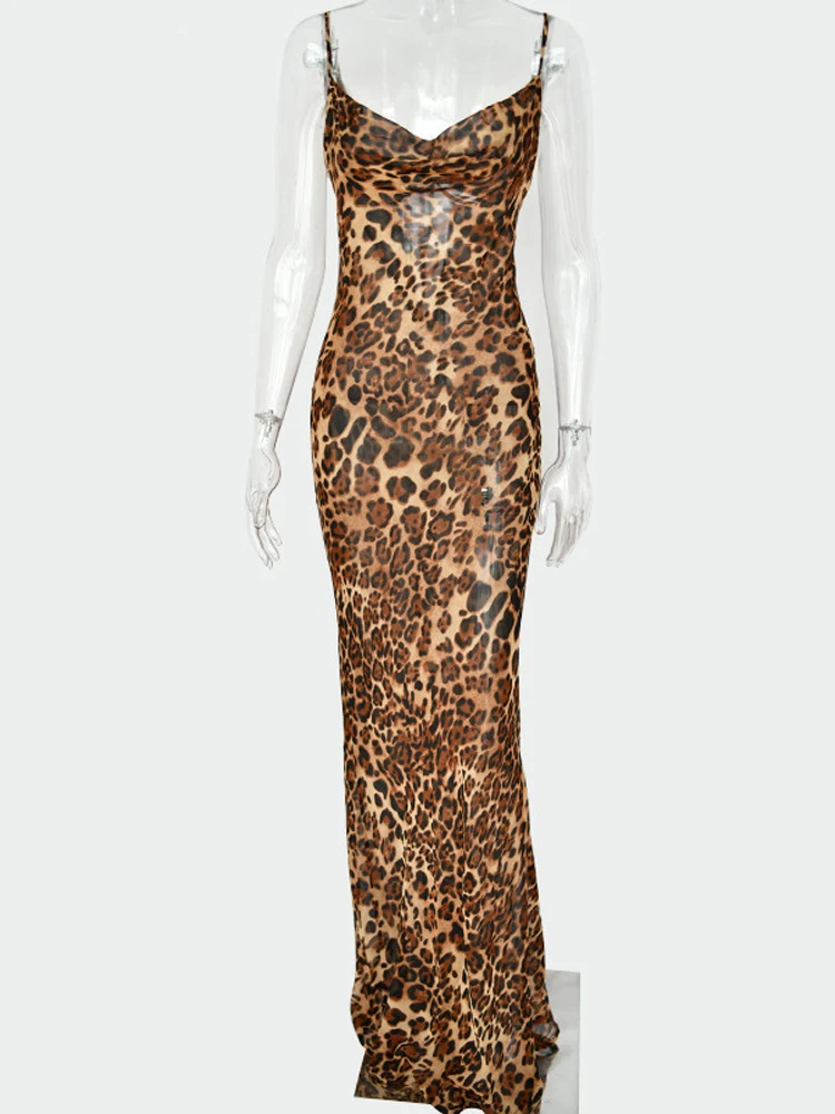 

Summer Elegant Dresses Women Lace Up Backless Female Straps Party Beach Robe 2022 Leopard Print V-Neck Sexy Bodycon Long Dress