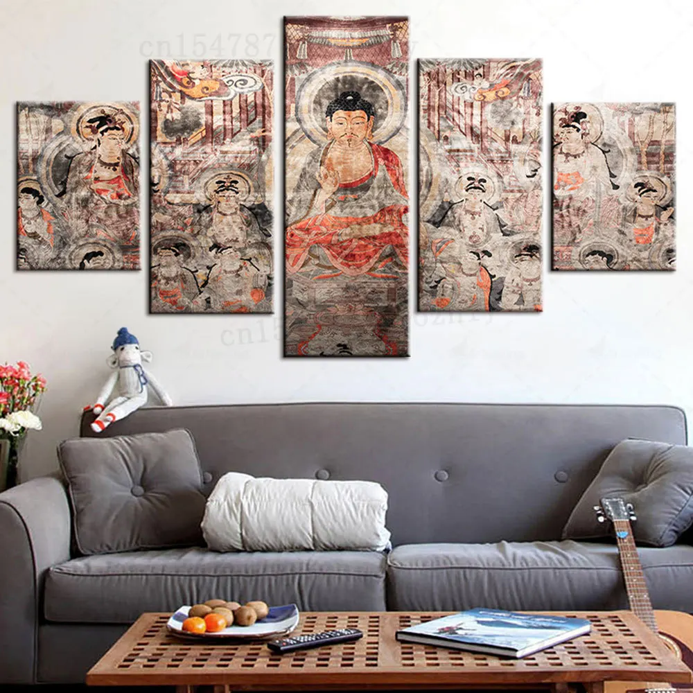 

Современная Высококачественная холщовая живопись, 5 панелей, художественные винтажные печатные плакаты Buddhas Group для гостиной, HD печать