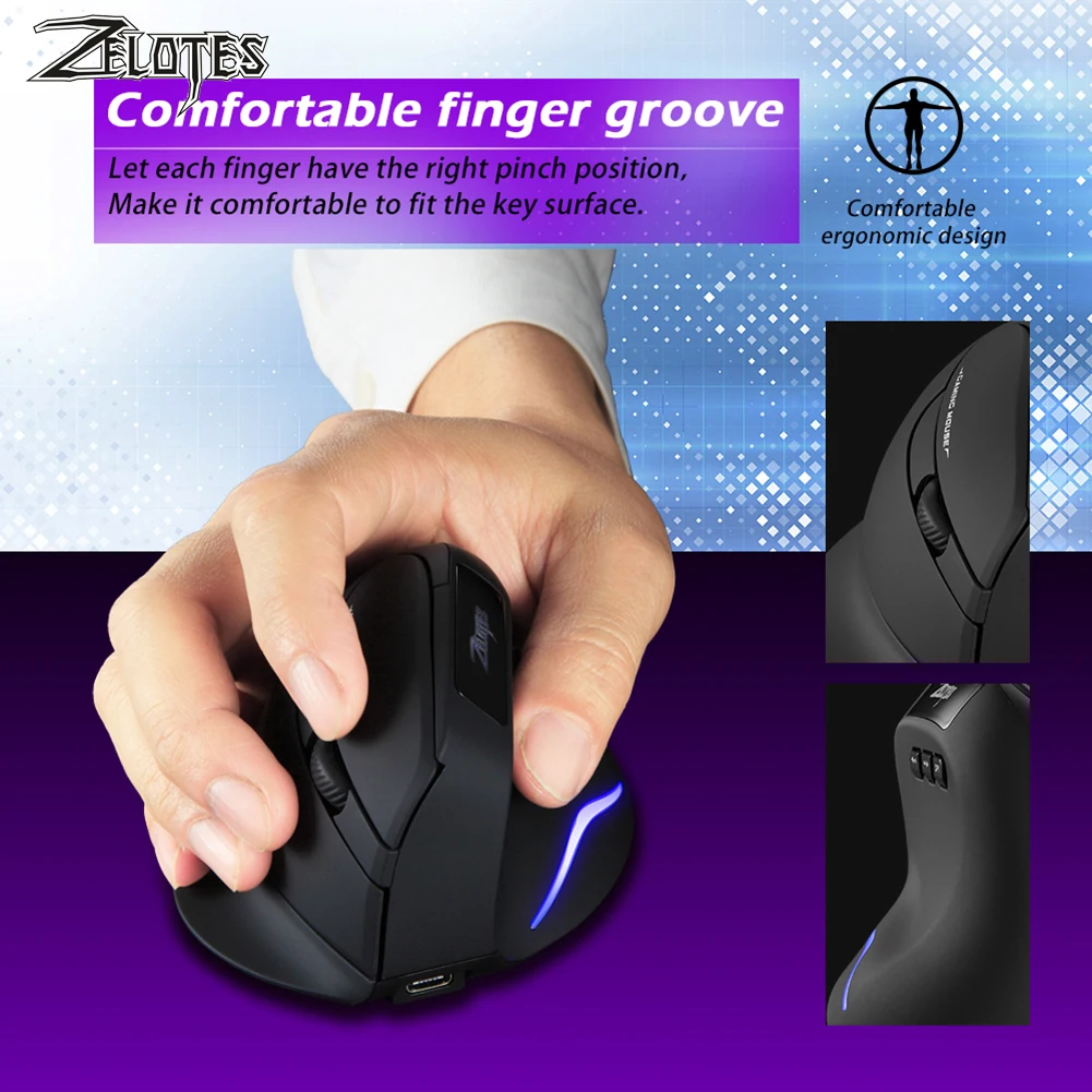 Pc Gaming 2400 Dpi Adjustable Wireless Rechargeable Vertical Mouse For Game Players