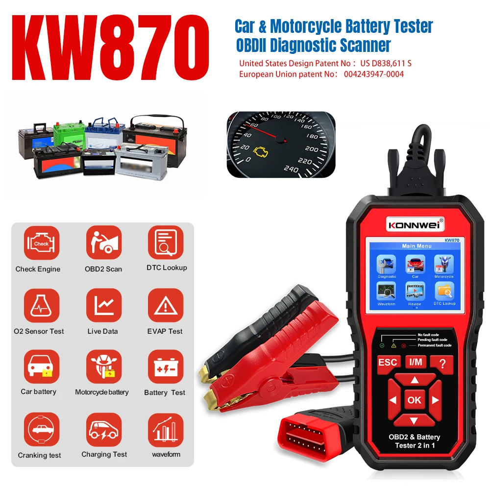 Фото KONNWEI KW870 6 В 12 В автомобильный мотоциклетный аккумуляторный тестер OBD2 диагностический инструмент сканер 2 в 1 инструменты для тестирования зарядки №1