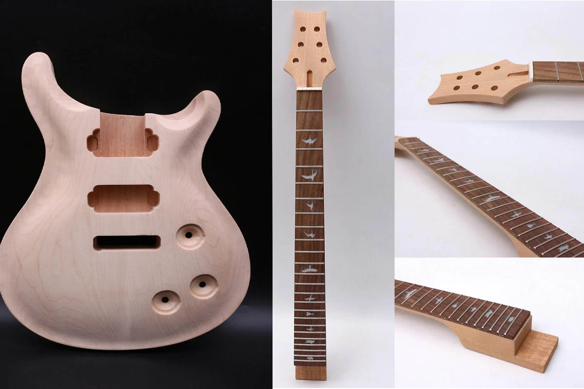 

Electric Guitar Kit 24 Fret 25.5 Inch Neck Arched Body Unfinished HAVE BRIDGE Hole Bird Inlay Set in Style DIY Humbucker Pickup