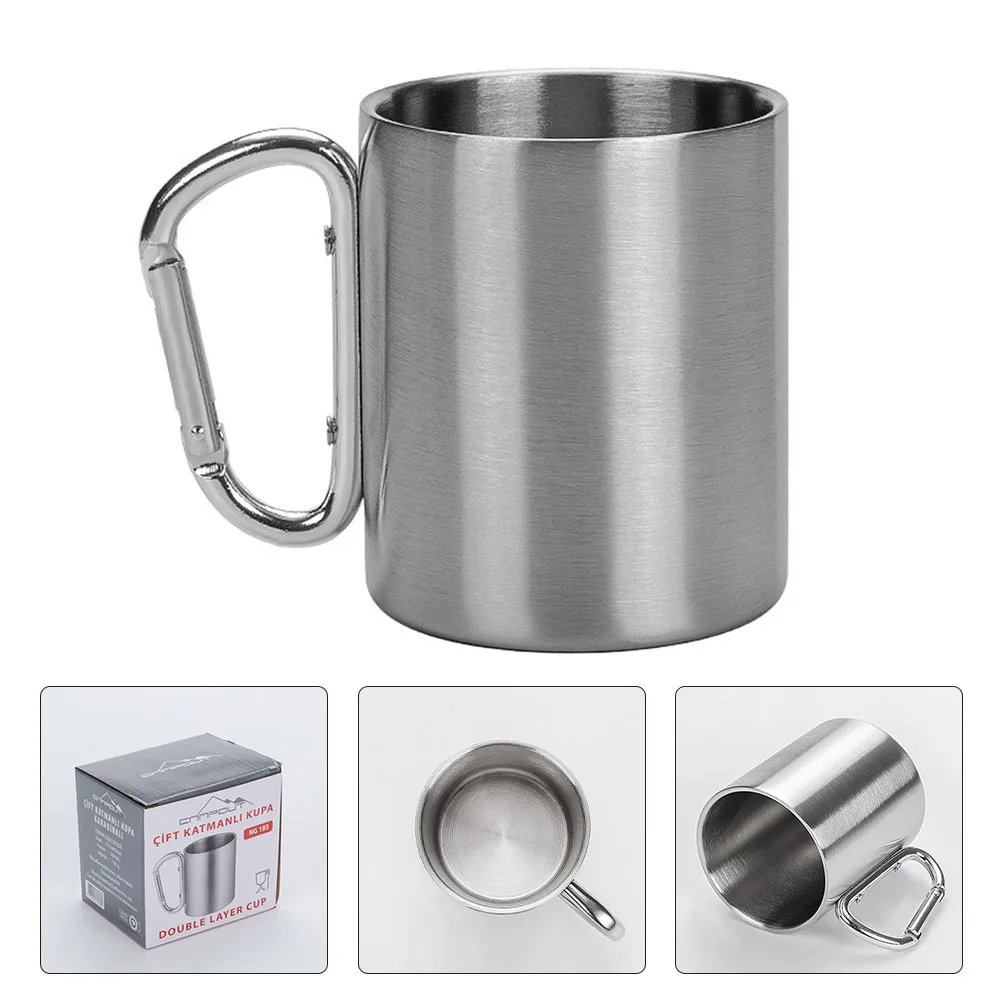 

300ml Outdoor Camping Coffee Cup Carabiner Cup Stainless Steel Double Layer Cup For Camping Hiking Climbing Portable