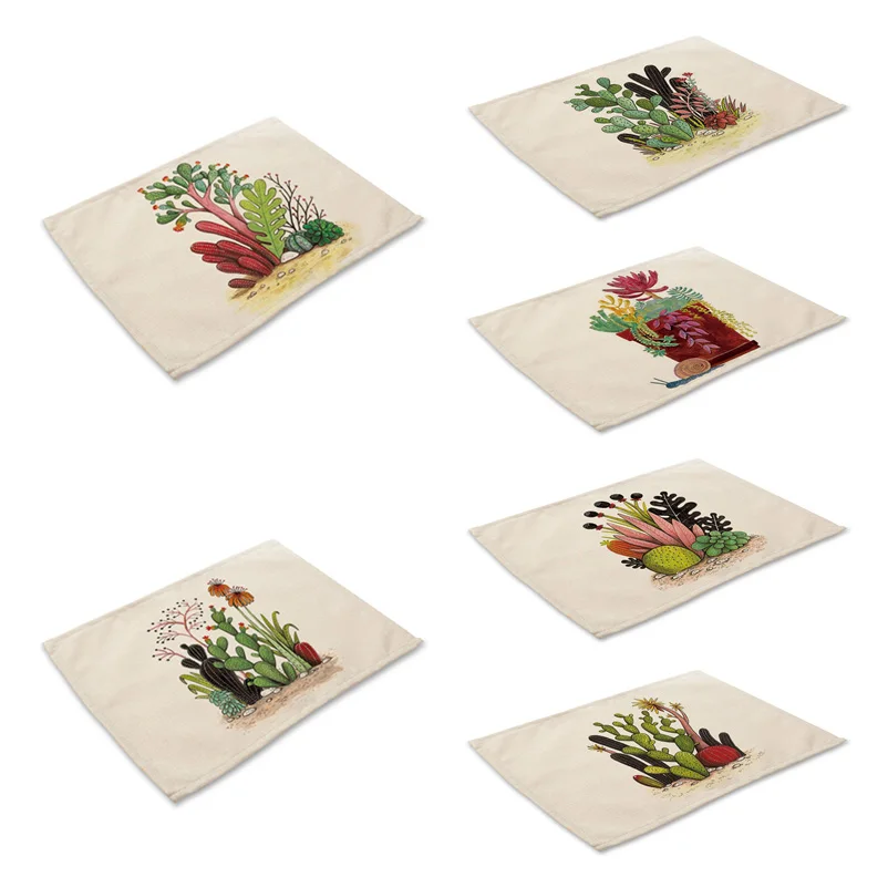 

Cactus Plant Placemat Rectangle Cotton Linen Succulents Table Mats for Dining Table Kitchen Drink Coasters