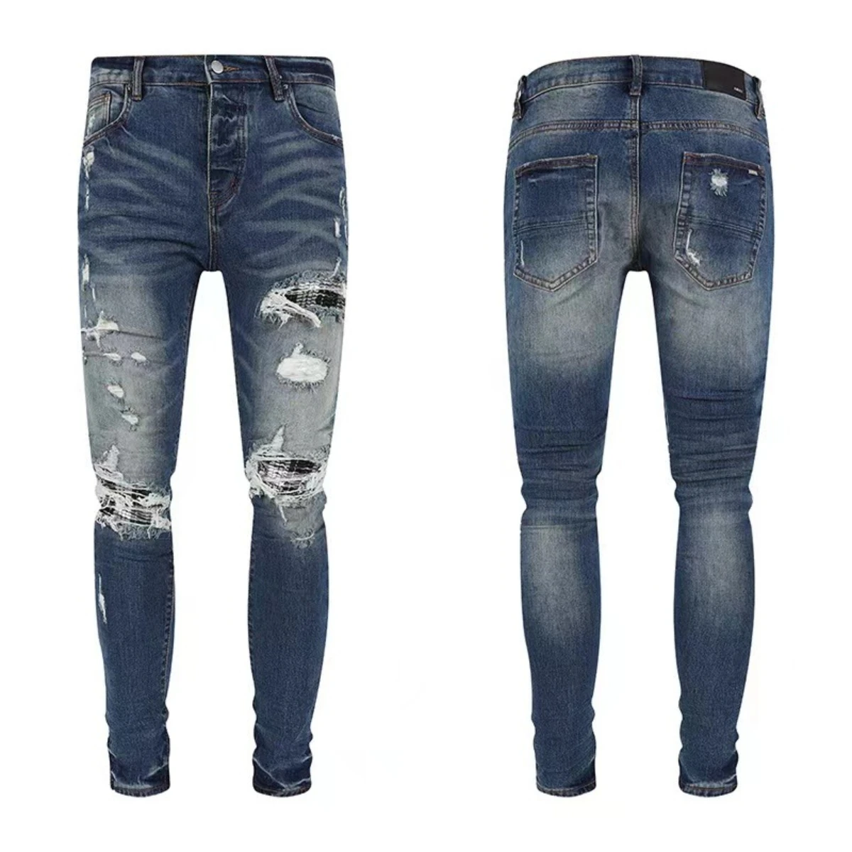 Summer Leather Embroidered Word Art Jeans Men Hole Casual Slim Cotton Stretch Scratches Bleached Scraped Feet Pencil Pants Tight