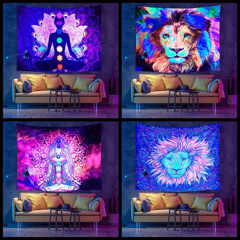 

Fluorescent UV Tapestry Tree Of Life Lion Background Hang Cloth Home Wall Hanging