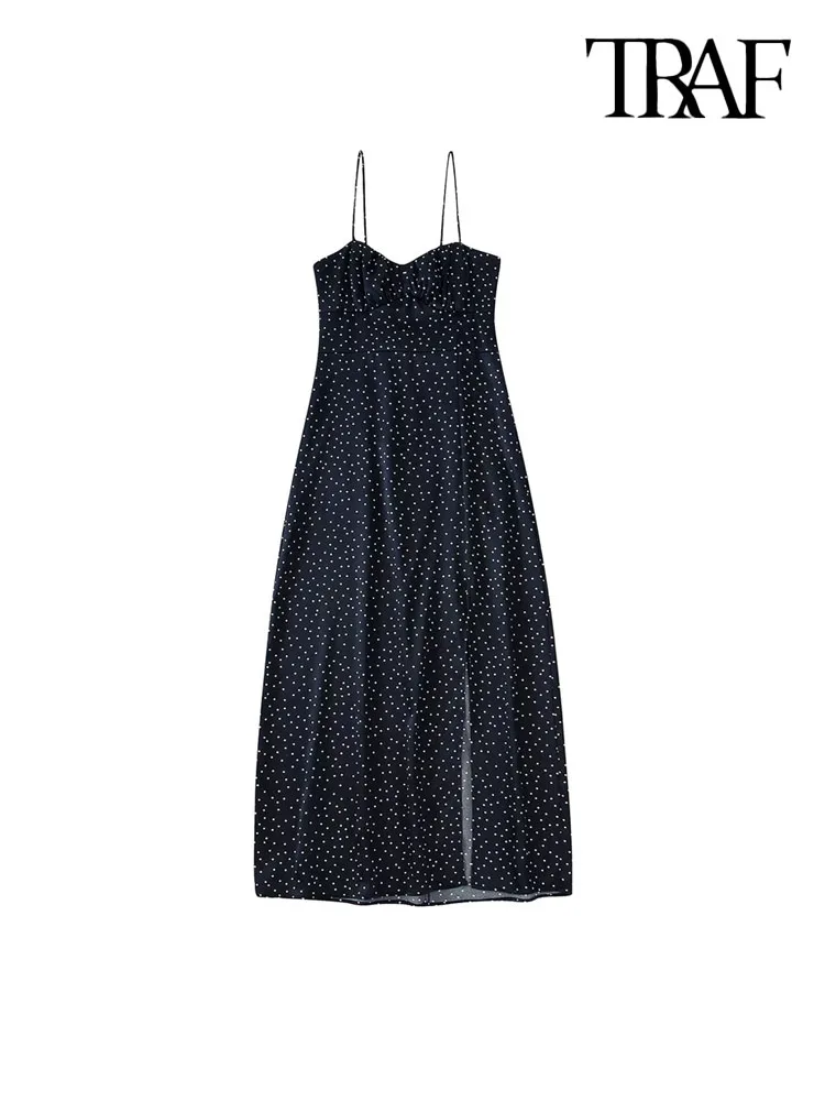 

TRAF Women Fashion With Ruched Side Slit Dotted Midi Dress Vintage Backless Zipper Tied Thin Straps Female Dresses Mujer