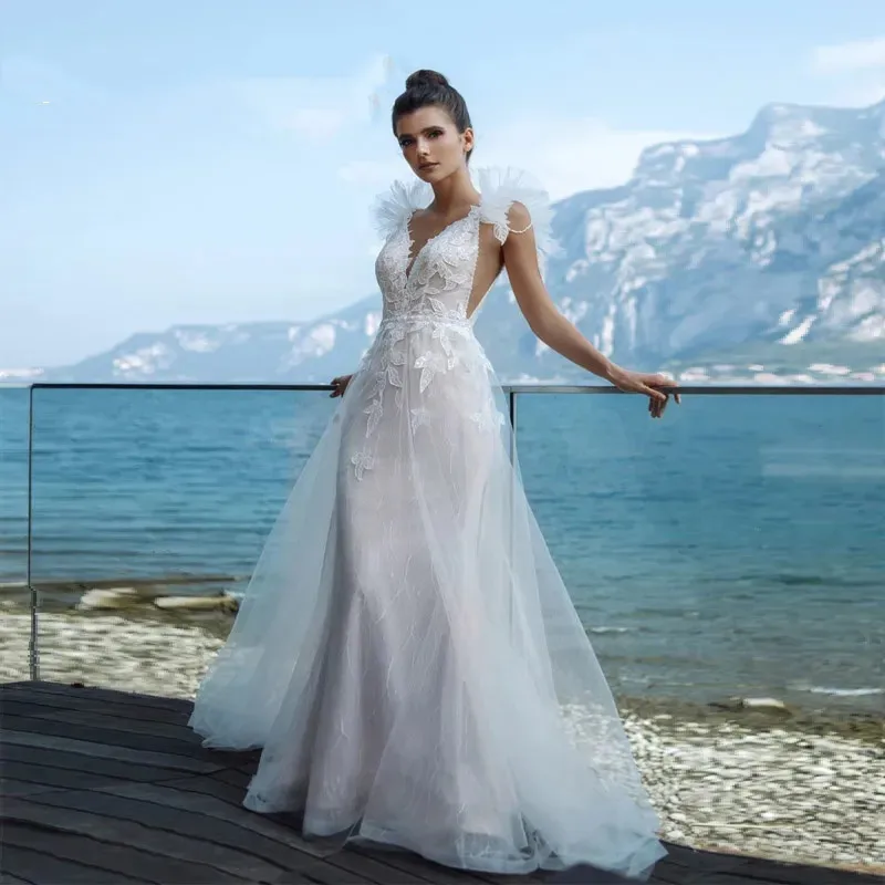 

Элегантное кружевное свадебное платье с бусинами, свадебные платья-русалки со шлейфом и открытыми плечами, атласное платье невесты цвета слоновой кости с аппликацией, 02