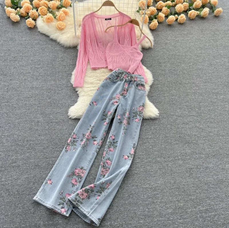 

Sweater Cardigan Camis Trousers 3 Piece Set Women Summer Fashion Pink Print Wide Leg Jeans Trousers With Vest Coat 3-Piece Set