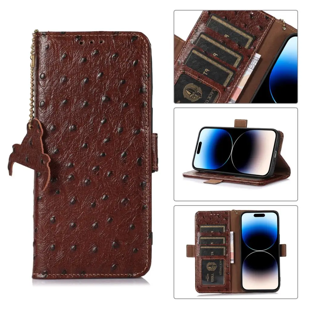 

Handmade Genuine Cowhide Leather Flip Case For Google Pixel 7 Pro Business Ostrich Pattern RFID Card Slots Magnetic Wallet Cover