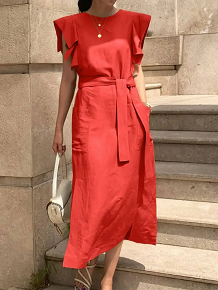 

VONDA 2022 Summer Bohemian Sexy Dress Women Ruffled Casual Sleeveless Loose Sundress Beach Party Long Vestidos Belted Oversized