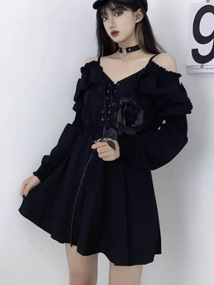 2024 Large Size Gothic Women Black Mini Dress Sexy Off Shoulder High Waist Tunic Ladies Party Long Sleeve V Neck Vestidos
