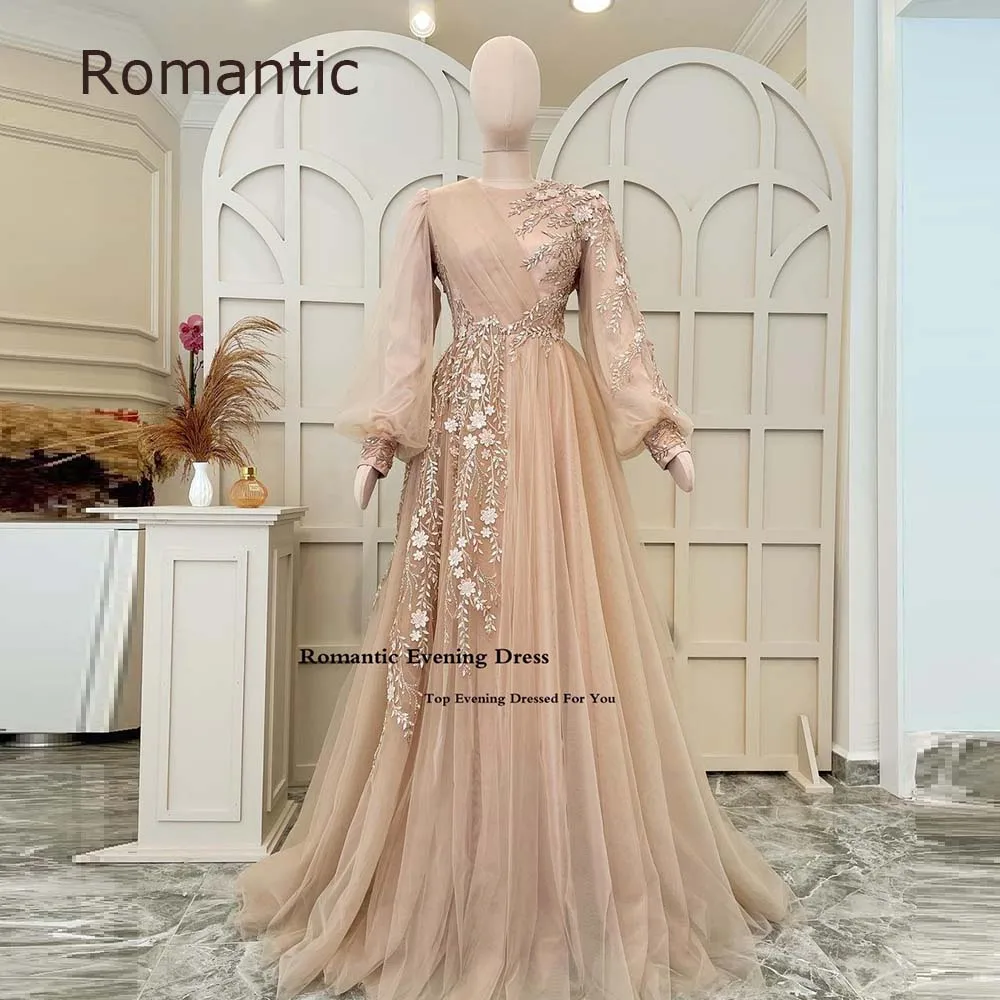 

Romantic Elegant Tulle Lace Bead Flowers Embroidery Evening Dresses A-Line Floor Length Long Party Dress Saudi Arabia Prom Gowns