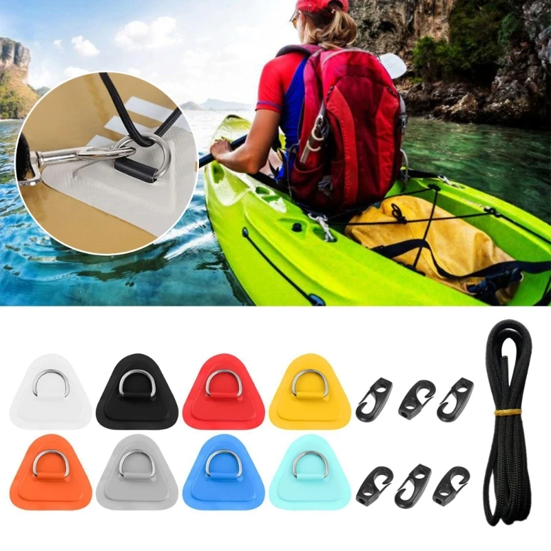 

831C 6 Pieces D-Rings Patches PVC Stainless Deck Rigging D-Rings Pad for Inflatable Boat Kayak Canoe Deck with Hook Handle