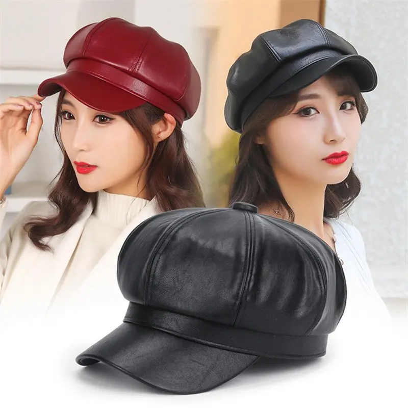 

Women's Octagonal Cap Korean Style Autumn Winter New Retro PU Faux Leather Hat Adjustable Upgraded Solid Color