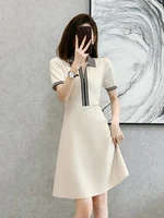 light and girly polo collar women dresscontrast color colleague style knitted female dress summer office ladies a line dresses