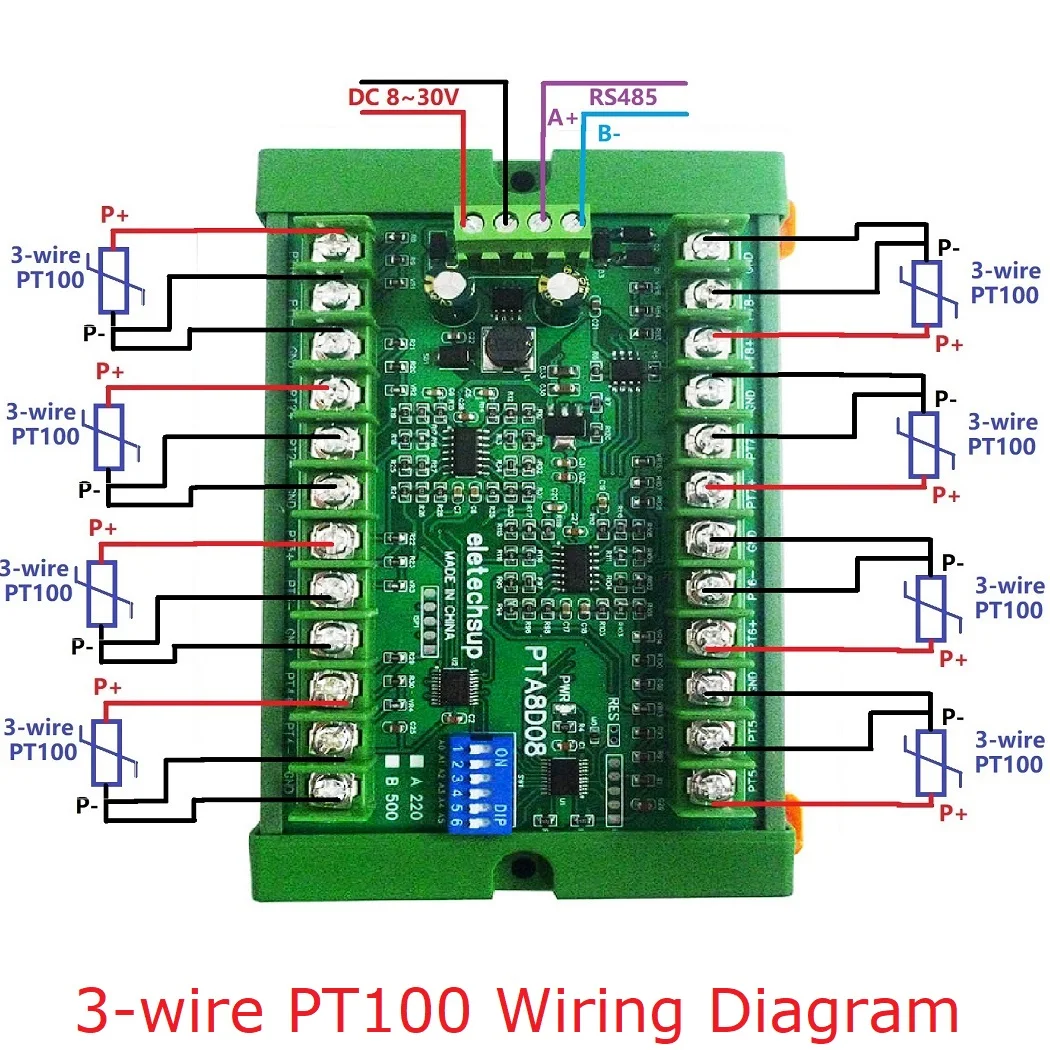 8-канальный модуль датчика температуры постоянного тока 8-30 В PT100 RTD RS485 Modbus RTU