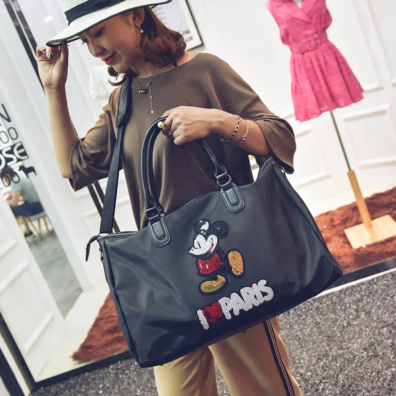 Disney New Waterproof Nylon Luggage Bag Fashion Sequin Mickey Travel Bag One Shoulder Diagonal Portable Bag for Men and Women