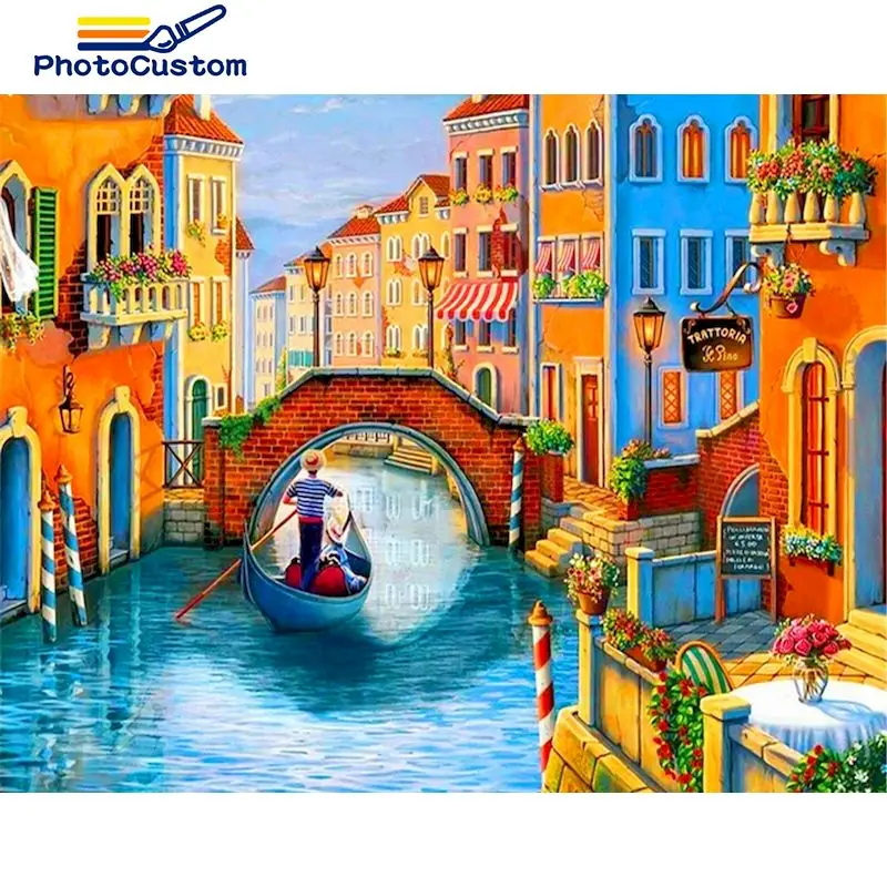 

PhotoCustom DIY Frame Oil Painting By Number Lake Colorful House For Adults Handpainted Paint By Numbers Portrait On Canvas Home