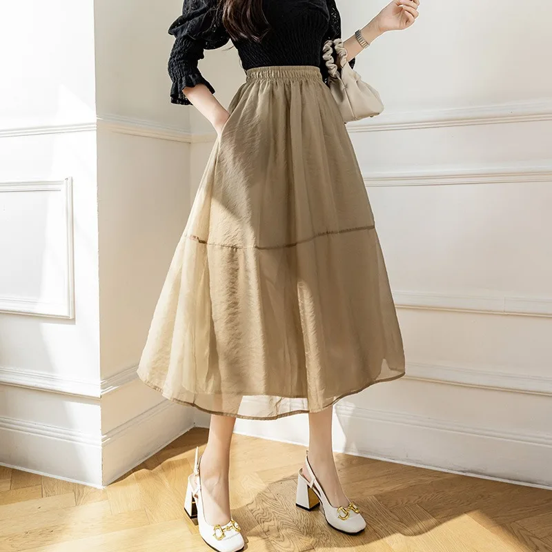 

High-quality mesh skirt women's summer 2022 new casual fashion high waist mid-length large swing a-line umbrella skirt