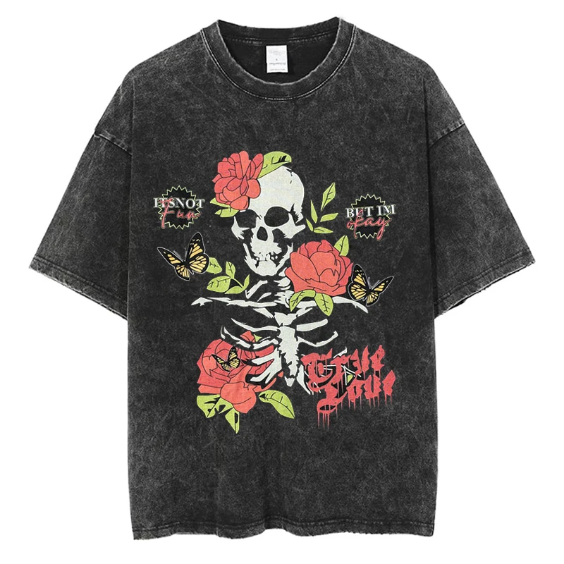 

Y2k T Shirt Men Washed T-shirt Streetwear Free Shipping Hip Hop Skeleton Butterfly Graphic Tshirts Harajuku Oversized Top tee