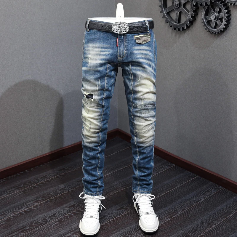 Street Fashion Men Jeans Retro Blue Stretch Elastic Slim Fit Ripped Jeans Men Spliced Designer Hip Hop Denim Biker Pants Hombre