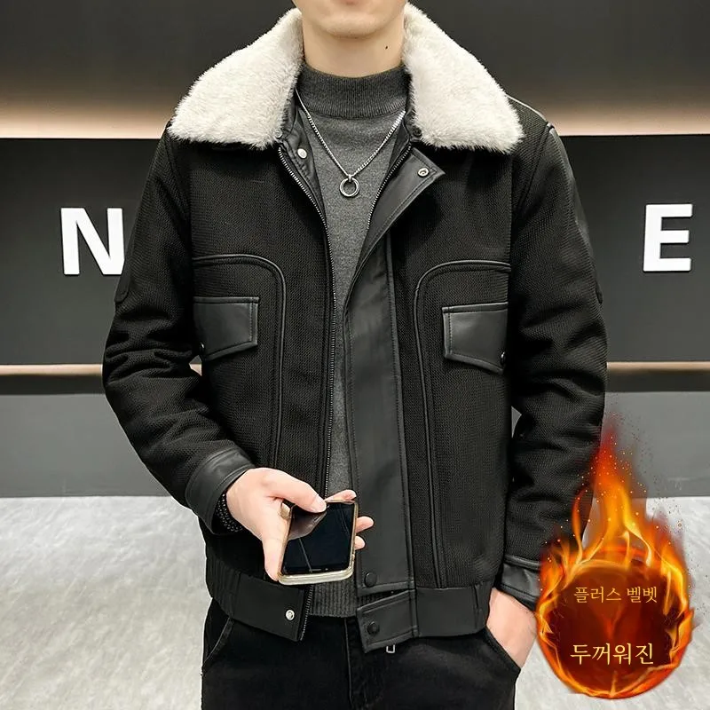 Мужское кожаное пальто молодежное зимнее модное на флисовой подкладке модная