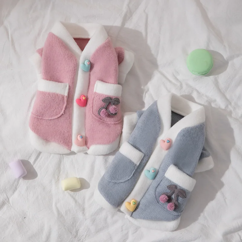 

New Autumn and Winter Korean Style Fresh Cherry Two-Leg Cotton-Padded Coat Puppy Dog Small and Medium-Sized Clothes for Pets