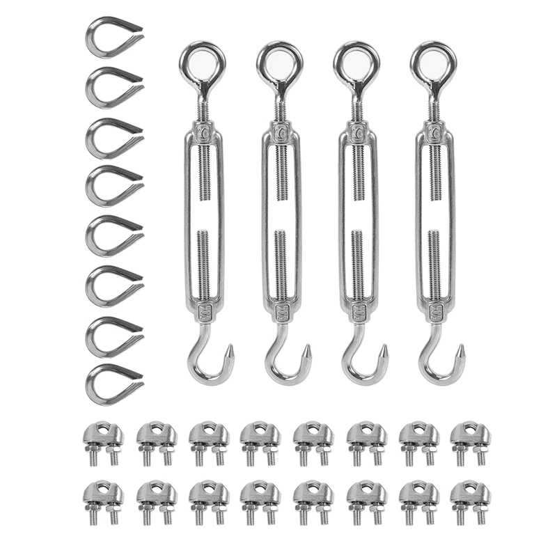 

4-Pcs Turnbuckle/Tension(Eye&Hook, M6), 16-Pcs 1/8 Inch Wire Rope Cable Clip/Clamp(M3), 8-Pcs Thimble(M3), Stainless Steel Kit