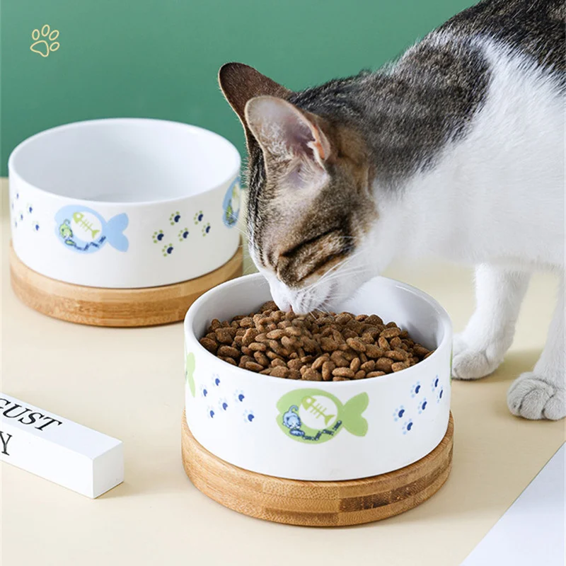 

Creative Cute Cartoon Pattern Ceramic Cat Bowl with Bamboo Wood Stand Ceramic Dog Bowl Cat Bowl Pet Supplies