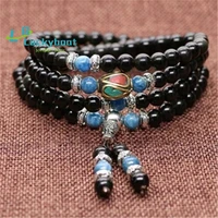 6mm 108 Beads Blue Kyanite & Black Obsidian Prayer Mala Natural Stone Nepal Copper Charm Men Or Women Strand Bracelet Wholesale