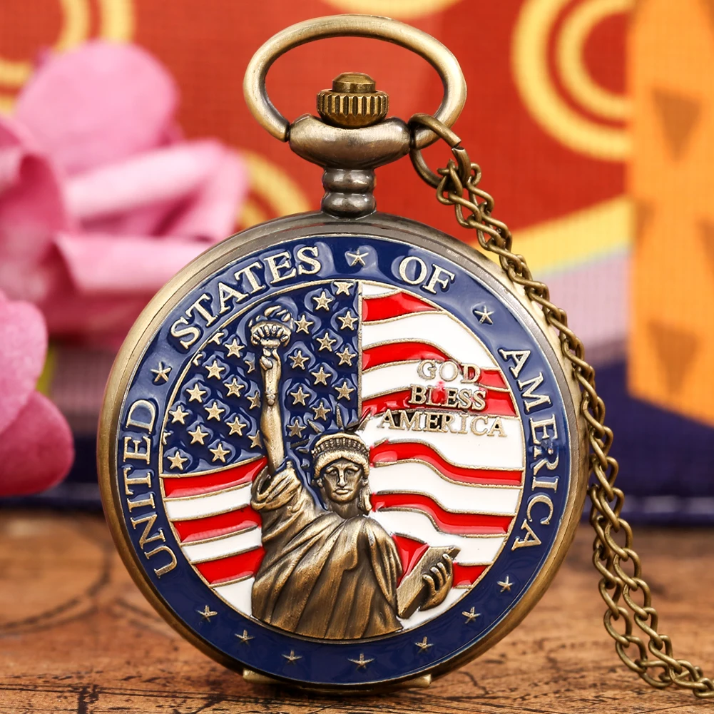

Vintage Statue of Liberty United States of America Flag Quartz Pocket Watch Pendant Chain Clock Necklace Watch Best Collectibles