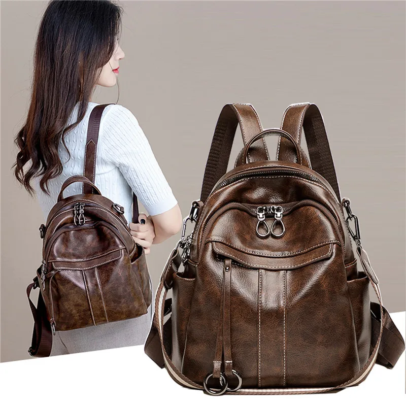 

Women Large Capacity Backpack Purses High Quality Leather Female Vintage Bag School Bags Travel Bagpack Ladies Bookbag Rucksack