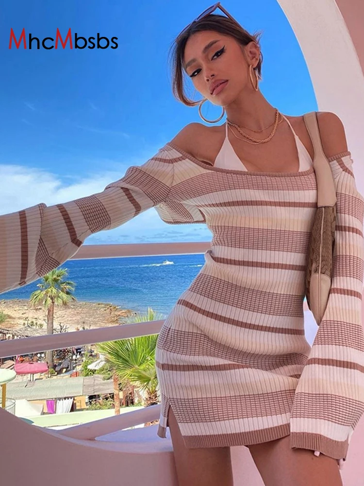 

Женское облегающее мини-платье с лямкой на шее, открытыми плечами и длинным рукавом, вечернее платье с принтом в полоску и открытой спиной, весна-осень 2022