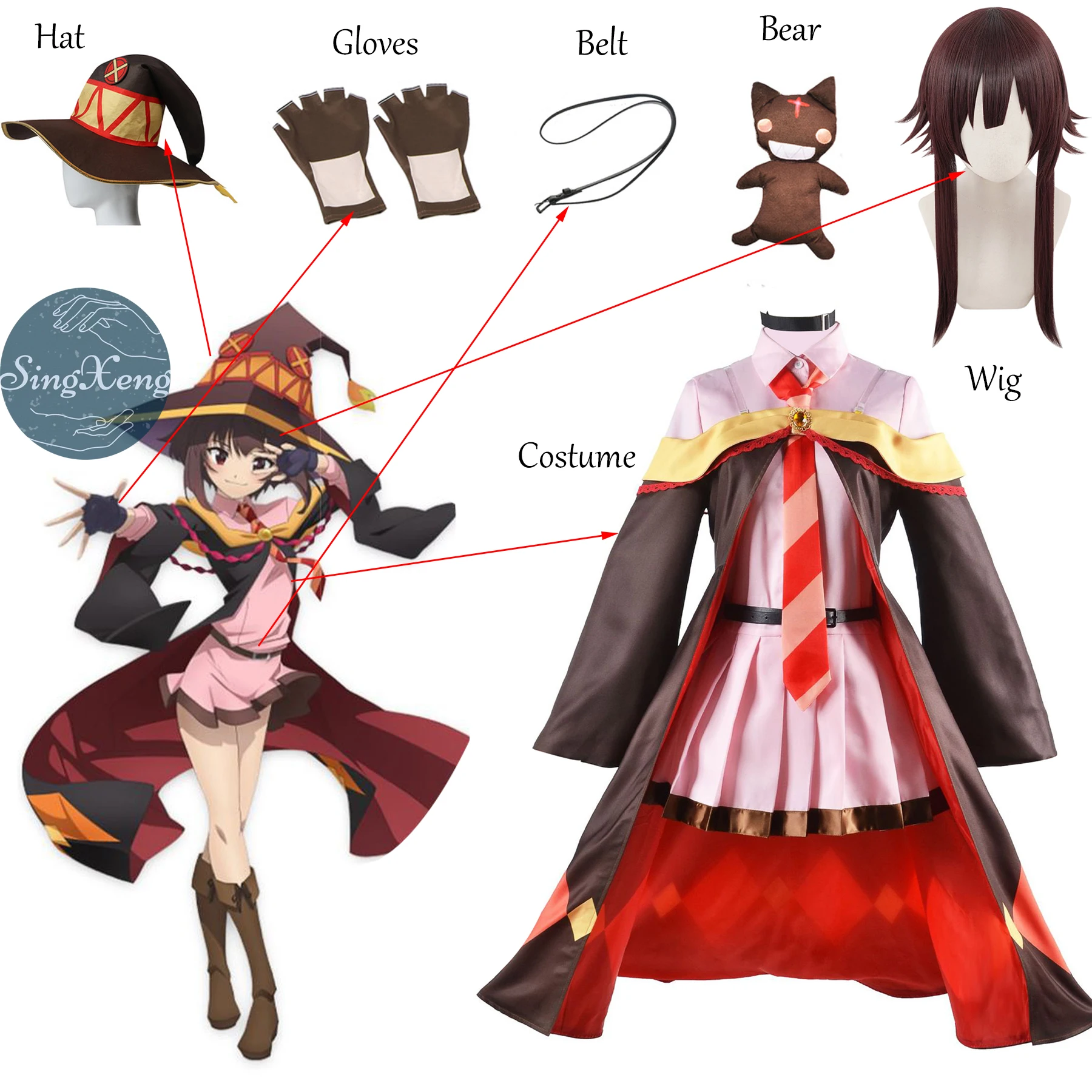 Костюм для косплея SingXeng Megumin из аниме, парик коносуба, хомуске, униформа ведьмы, накидка, шляпа, кукла, АРОКА, волшебник, малины, демоны на заказ
