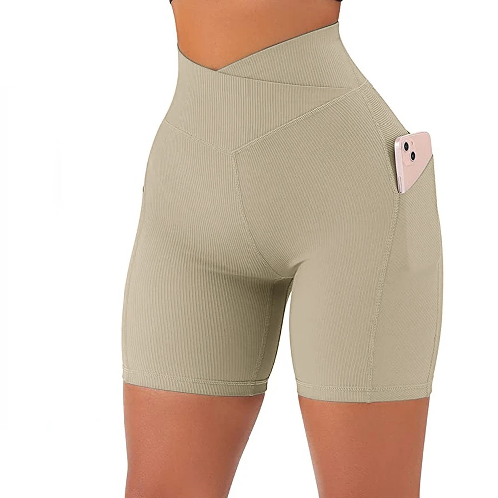 

2022 High Belt Pocket Rib Yoga Pants Gym Shorts Women Shorts Women Fitness Workout Shorts with Pockets Yoga Shorts High Waist