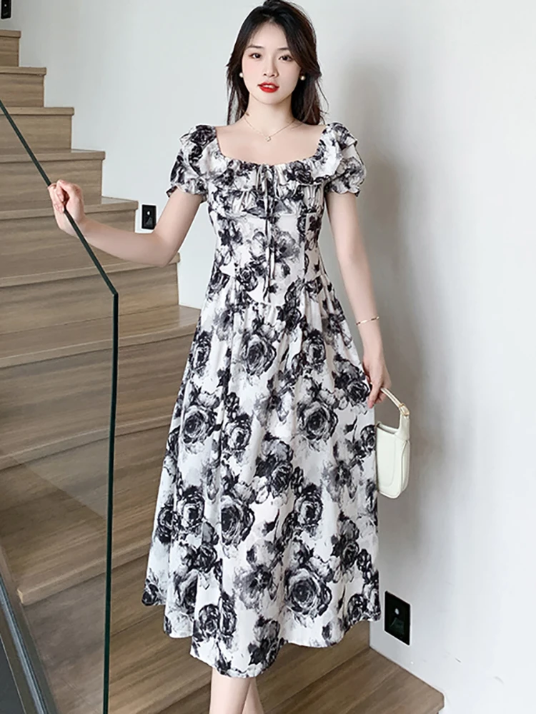 

Women Floral Puff Sleeve Chic Bow Ruffled Square Collar Midi Dress Summer Elegant Bodycon Prom Clothes 2023 Korean Casual Dress