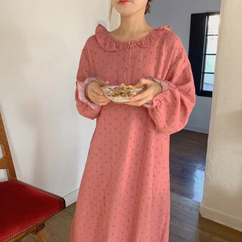 Autumn Ruffle Nightgown Women Cherry Print Sleep Dress Loose Casual Cute Homewear Long Sleeve O-neck Nightdress Sexy Soft S1032