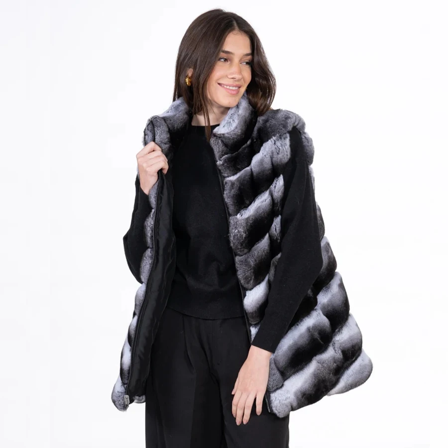 Women's Fur Coat Chinchilla Real Coat Natural Rex Rabbit Fur Vest Hooded Hot Styles Warm Fur Vest Women