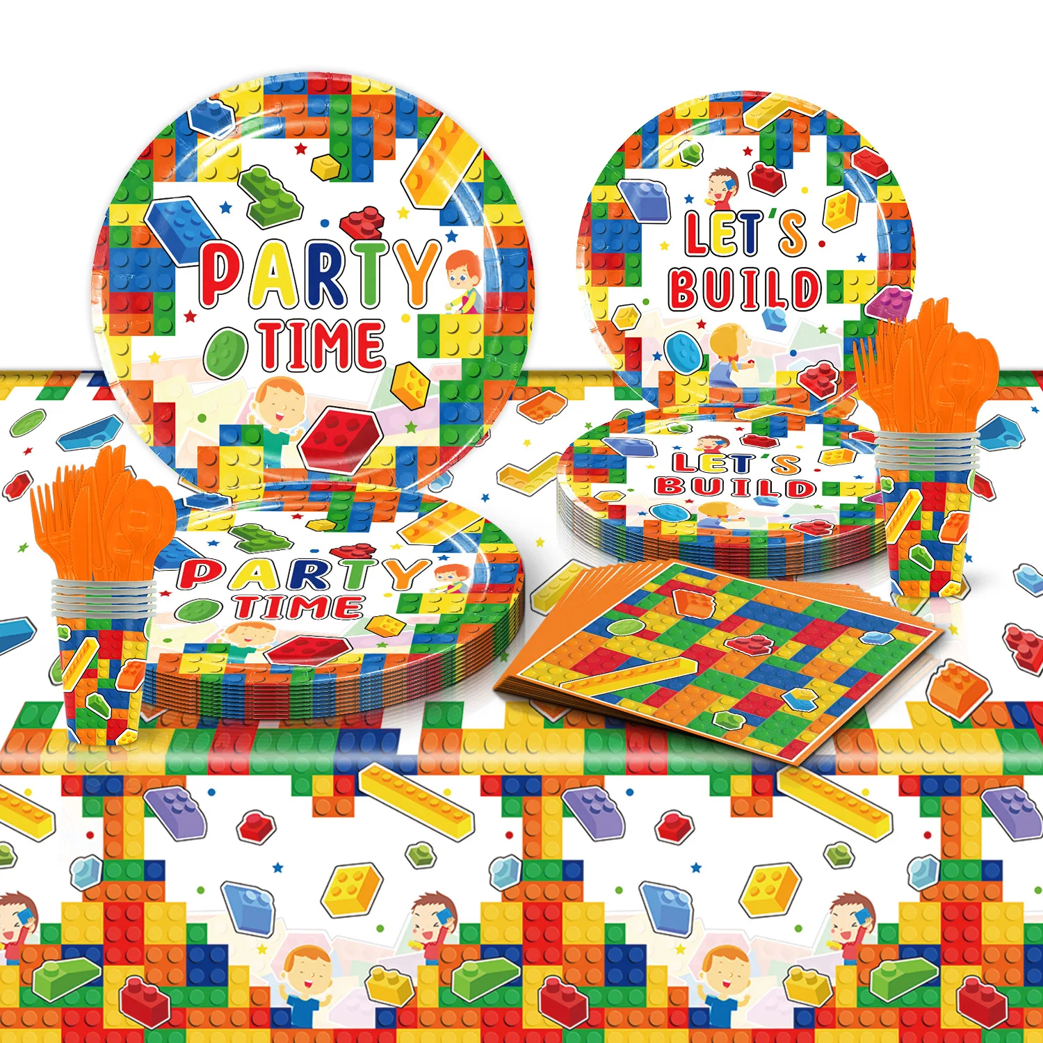 

10Guests Building Block Disposable Tableware Let's Build Party Time Plates Kids Happy Toy Bricks Theme Birthday Party Supplies