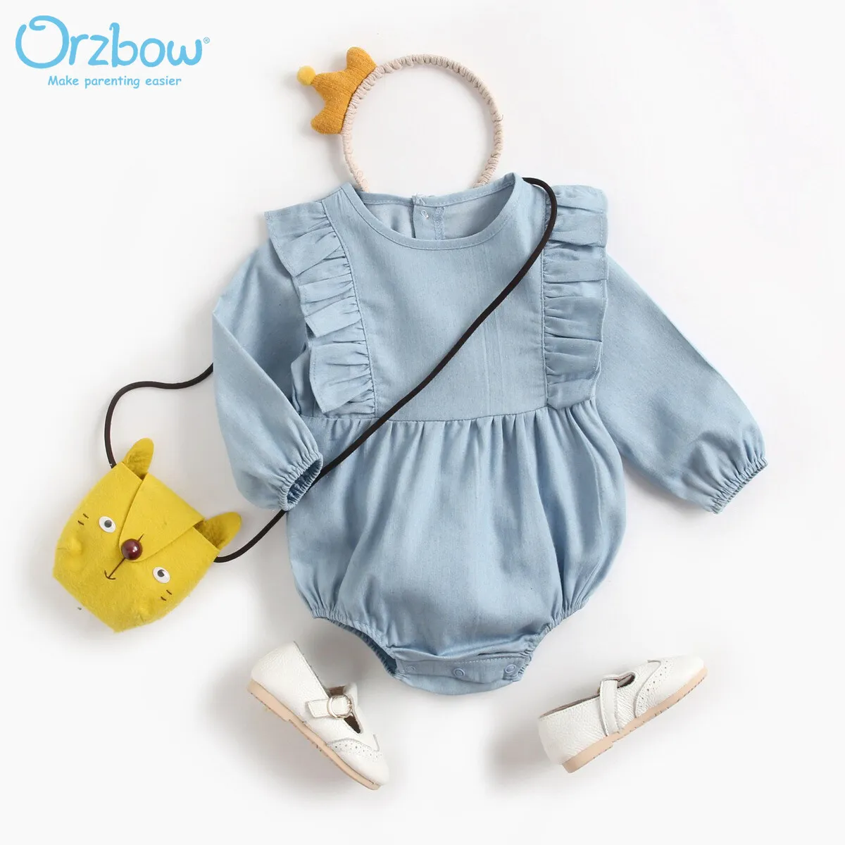 

Orzbow 100% Cotton Solid Denim Long-sleeve Jumpsuit Bodysuit Romper for Baby Girls