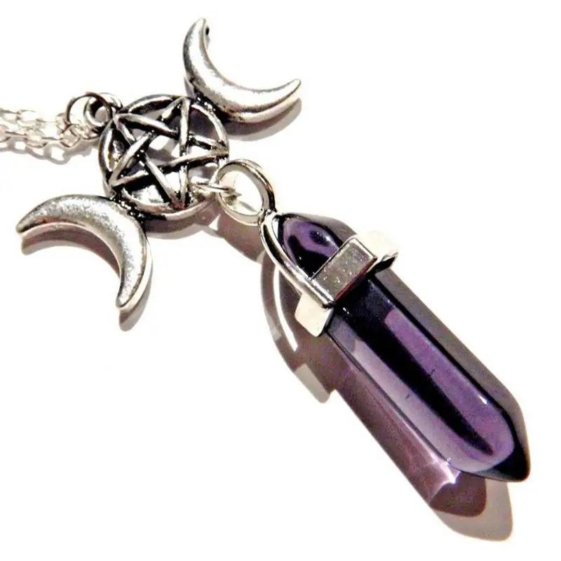 

Gothic Pentagram Triple Moon Goddess Necklace Hexagonal Bullet Reiki Chakra Natural Stone Choker Pendant For Women Jewelry Gift