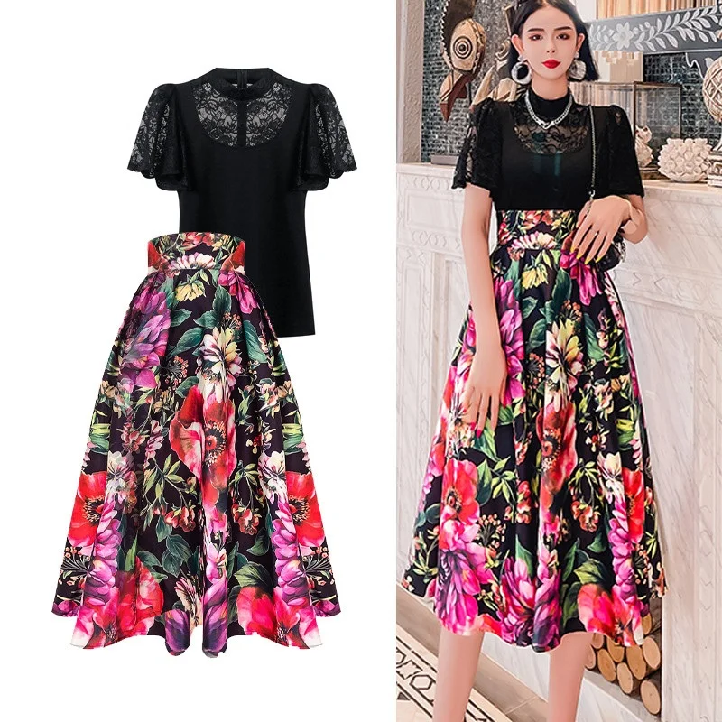 

Women 2022 Summer Elegant Ruffled Short Sleeves Lace Shirt Blouse&High Waist Flower Rose Midi Skirts 2 Pieces Set Outfits Female