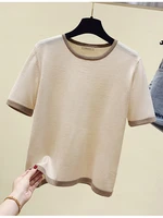 2022 summer knitted tops for women t shirt contrast color short sleeve shirt o neck korean womens clothes casual tee shirt femme