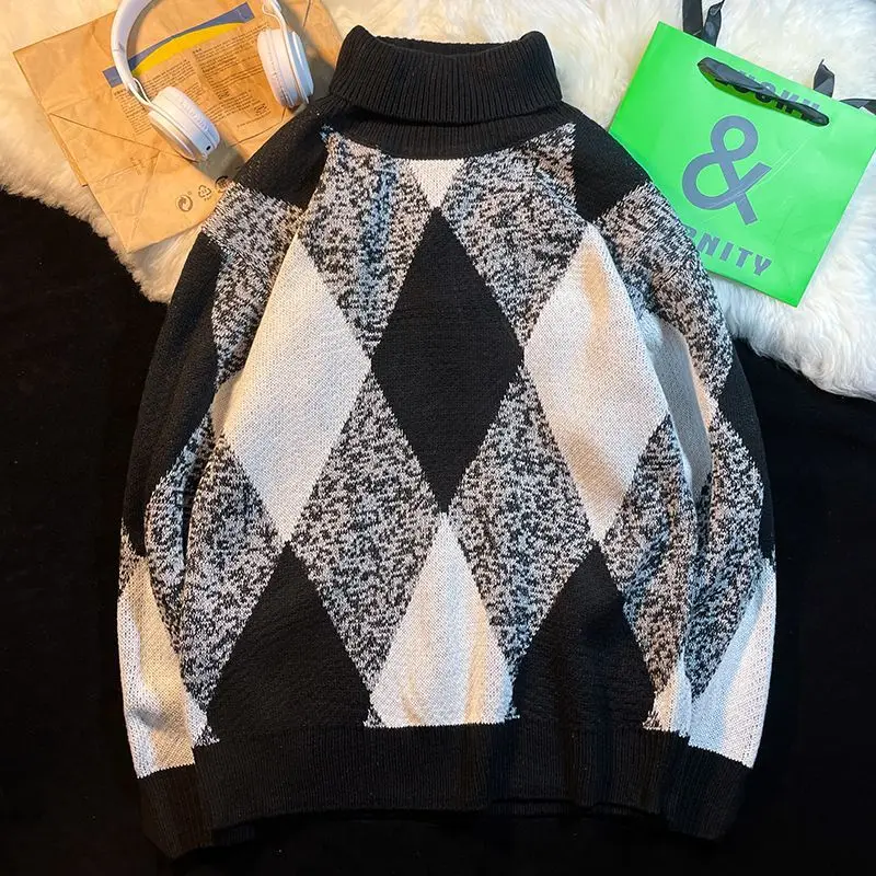 EBAIHUI Men's High Neck Sweater Loose Autumn Base Knitted Color Blocked Checkered Sweaters Long Sleeved Male's Pullover Tops