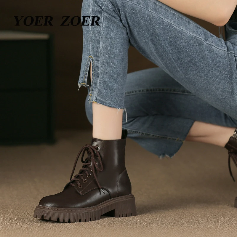 Women Martins boots Genuine leather brown British female 2023 new skinny ankle boots Trendy thick bottom Chelsea boots Casual