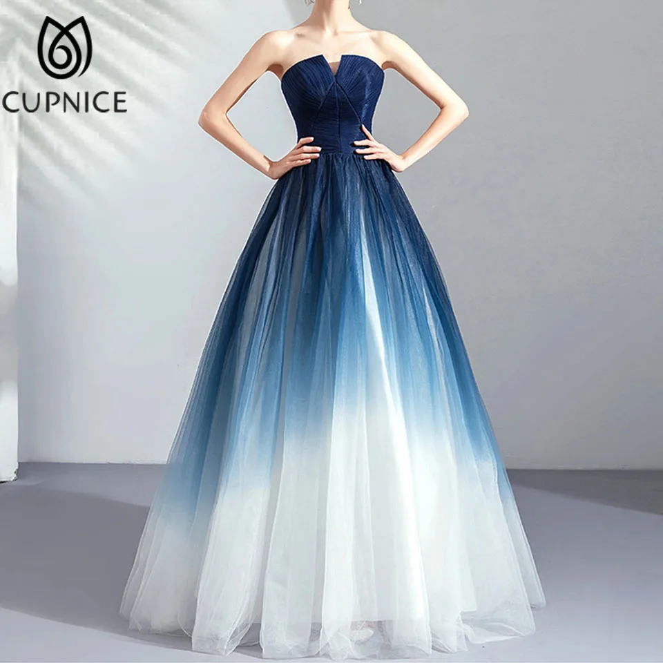 

CUPNICE Fantasy Starry Sky Gradient Blue Women Strapless Wedding Dresses Elegant Off Shoulder Backless Belted Evening Dress
