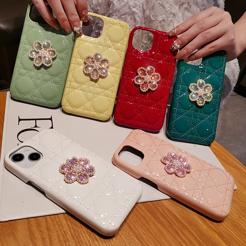 

Leather Rhombus Phone Case for IPhone 13 12 11 Pro Max Luxury Rhinestone Flower Case for IPhone 11 12 13 All-inclusive Lens Case